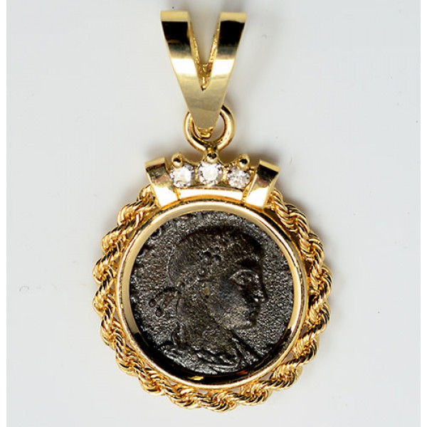 Ancient Roman Bronze coin Constantius II A.D. 336-361 in 14kt Gold .08 ct. Diamond Pendant